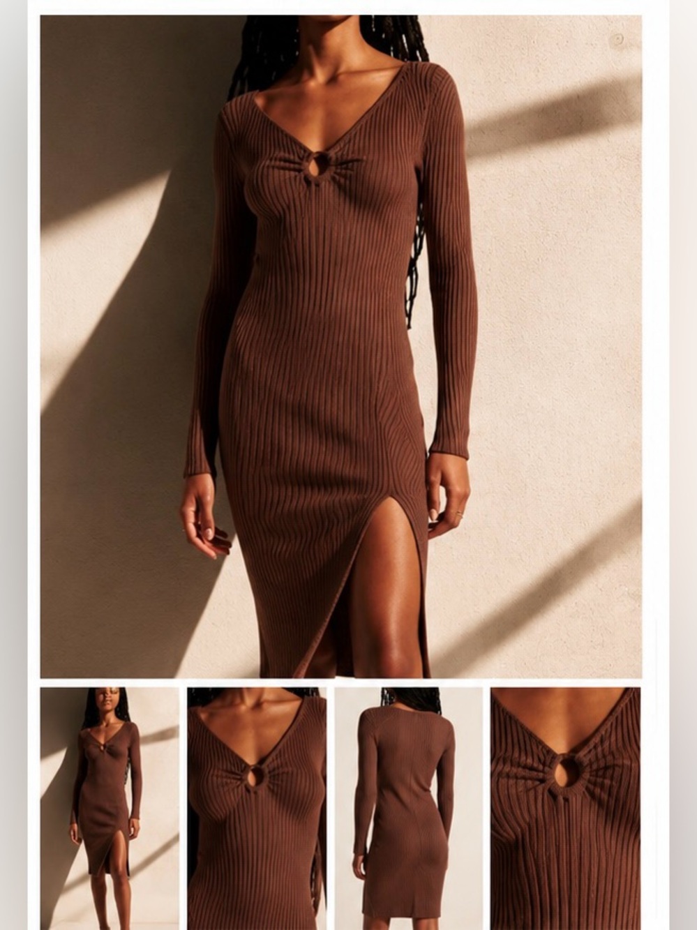 Abercrombie & Fitch Chocolate Brown Ribbed Midi Dress Small O Ring Slit
